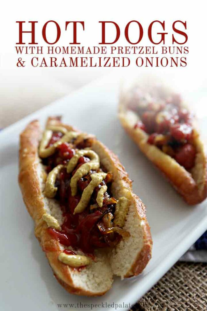 Close up of two hot dogs on homemade pretzel buns, with Pinterest text