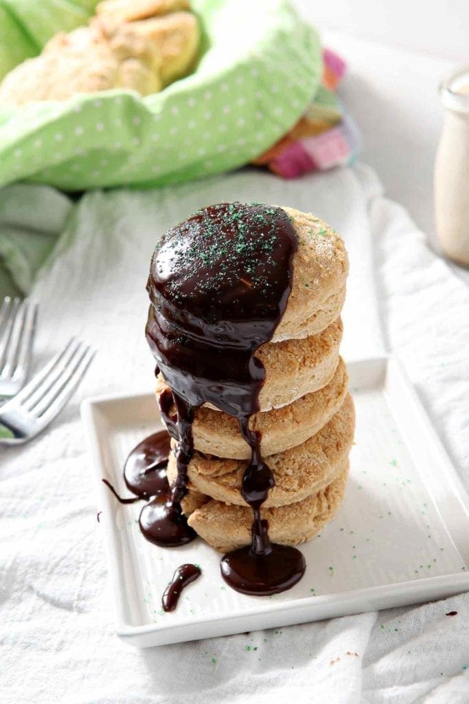 Baileys chocolate ganache (chocolate gravy) drizzles down a stack of biscuits