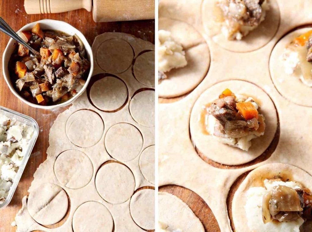 A collage of two images showing how to make Irish meat pies on a wooden surface