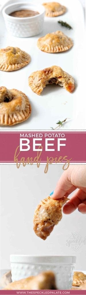 Pinterest collage of two images of Mashed Potato Beef Hand Pies, both of the pies after baking