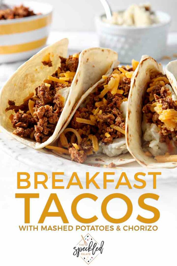 Close up of three Breakfast Tacos on a plate, with Pinterest text