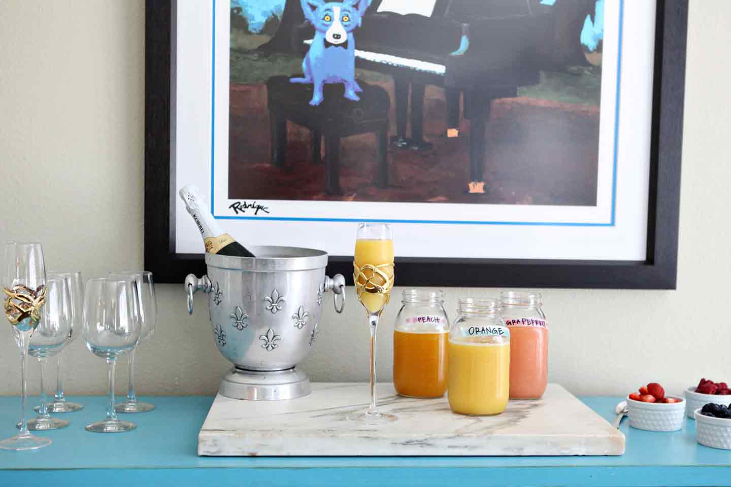 Horizontal image of the full mimosa bar before drinks are served up!