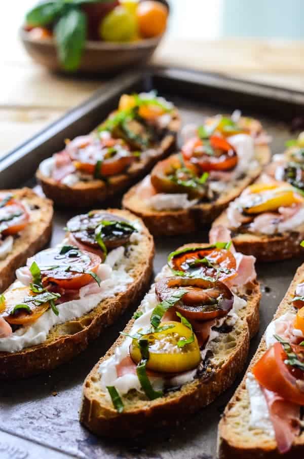 Burrata Caprese Crostini with Prosciutto from The Crumby Kitchen