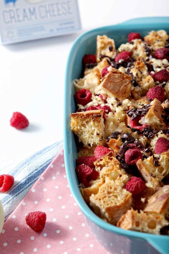 overnight french toast with raspberries and chocolate after baking