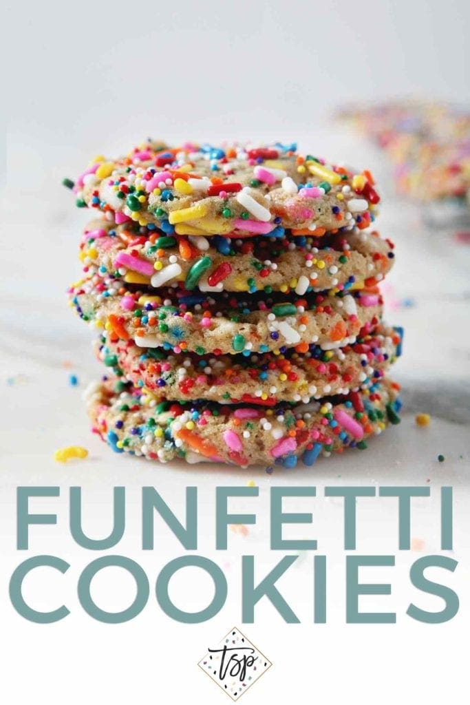 A stack of Funfetti Cookies sits on a marble background. Pinterest graphic with text.