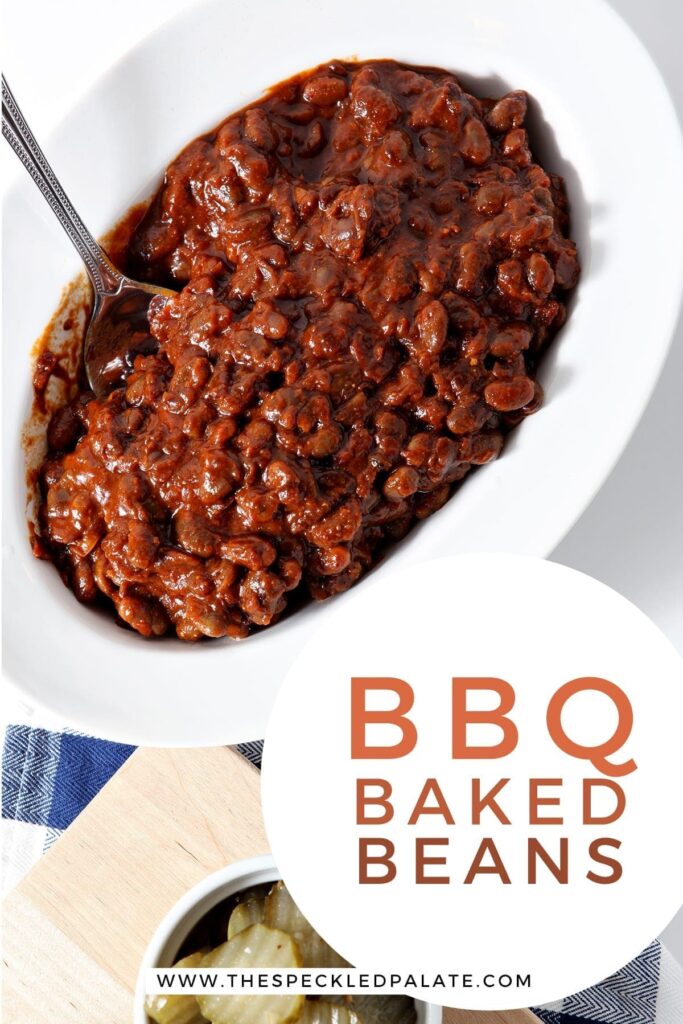 Overhead of Instant Pot Vegetarian Baked Beans in a bowl, with Pinterest text