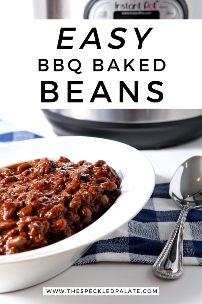 Side angle of Vegetarian Baked Beans, with Pinterest text