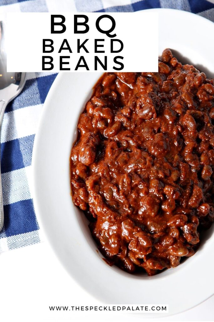 Overhead of Instant Pot Vegetarian Baked Beans in a bowl, with Pinterest text