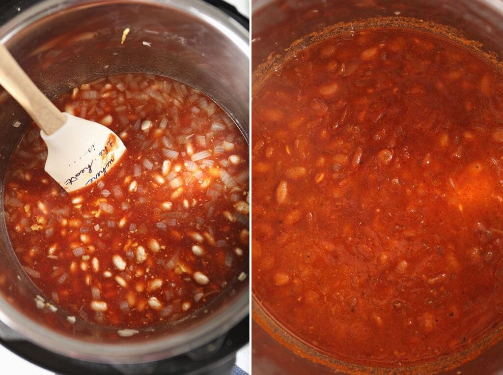 Collage of Vegetarian Baked Beans before and after cooking in Instant Pot