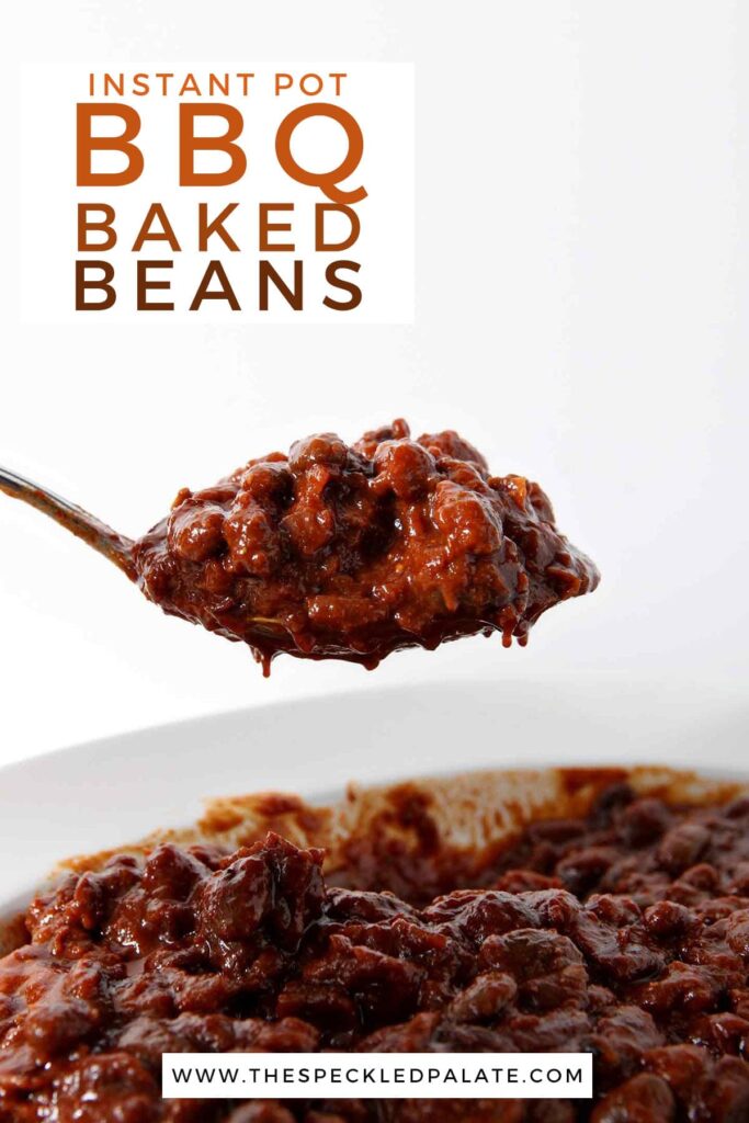 A spoon holds a helping of baked beans with the text instant pot bbq baked beans