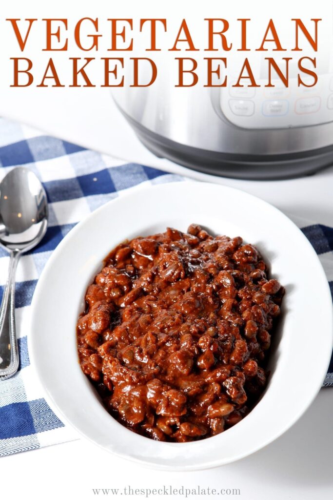 Side angle of Vegetarian Baked Beans, with Pinterest text