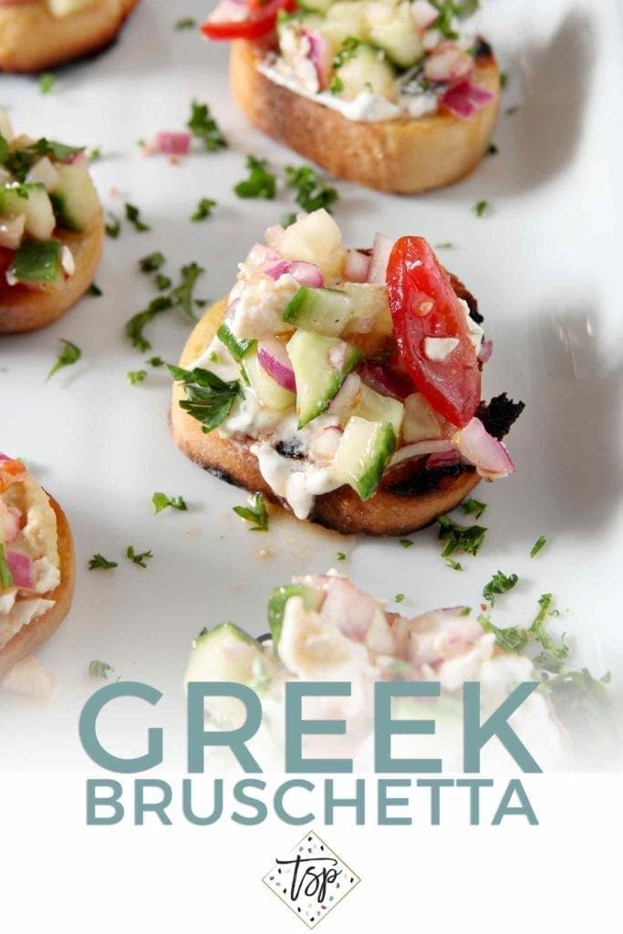 Pinterest graphic for Greek Bruschetta, featuring a close up of the final dish and text