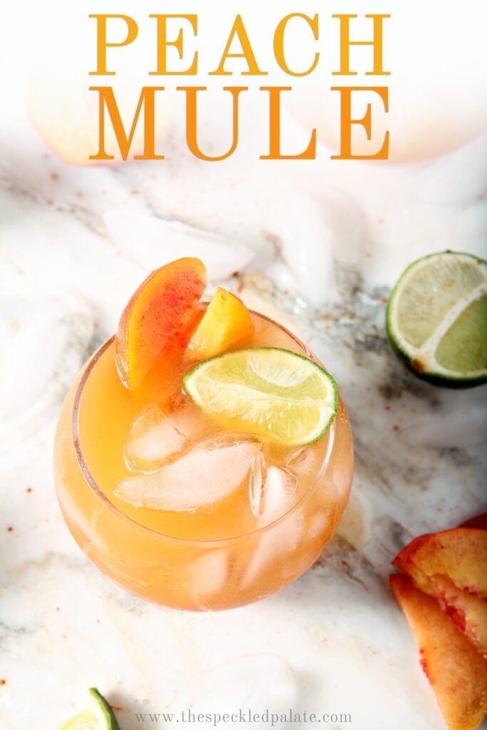 Overhead image of a singular Peach Moscow Mule, with Pinterest text