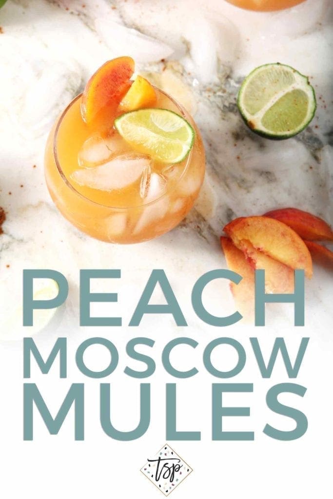 Pinterest graphic for Peach Moscow Mule, featuring an overhead image of the drink and text.