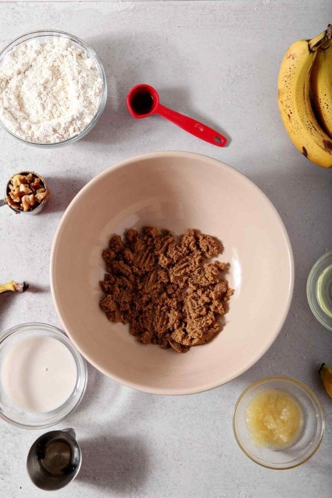 Overhead image showing all the ingredients used in Vegan Banana Muffins