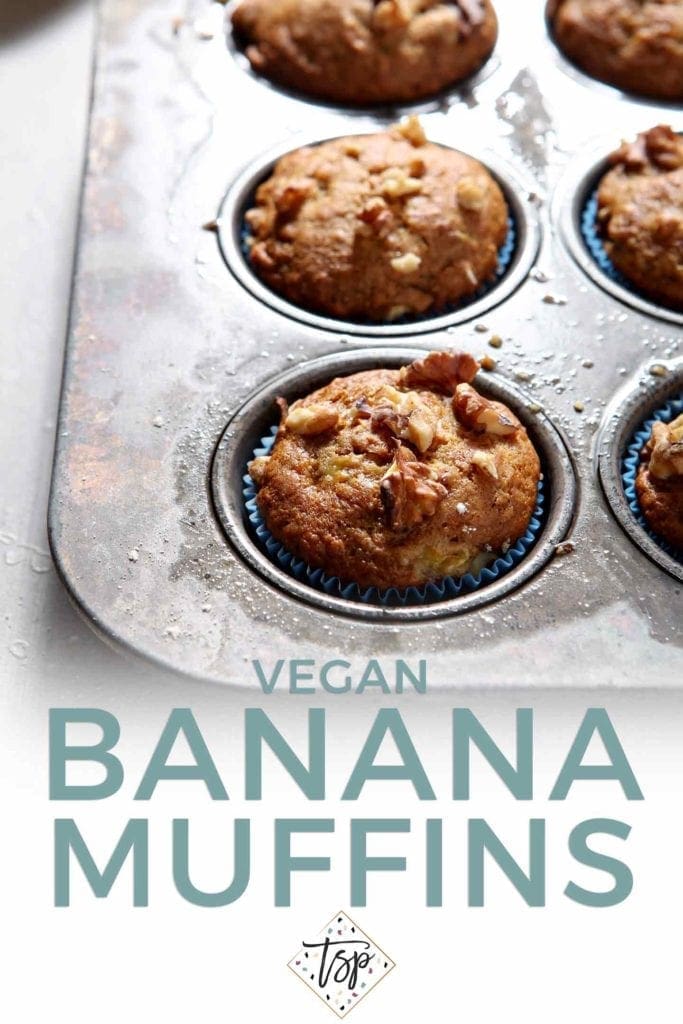 Pinterest graphic (with text) for Vegan Banana Muffins, featuring baked muffins in a muffin tin before serving.