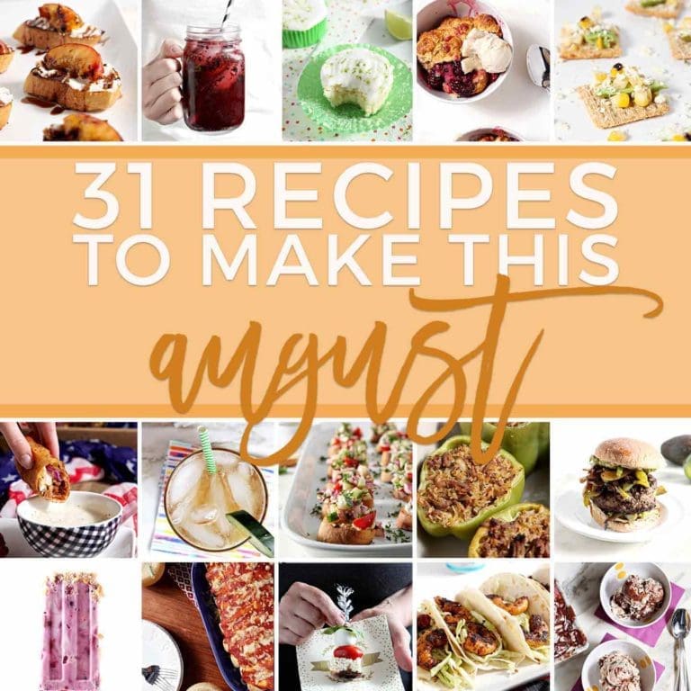 Square graphic for August 2018 Monthly Meal Plan, featuring snippets of several of the recipes featured