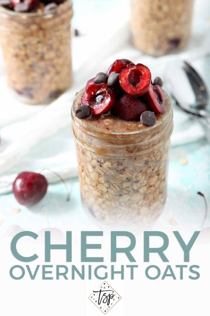 Pinterest image for Cherry Overnight Oats, featuring a final shot of the overnight oats, topped with more cherries and dark chocolate chips, and text