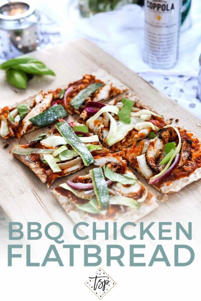 Pinterest graphic for Grilled BBQ Chicken Flatbread, featuring text and a close-up of the final flatbread