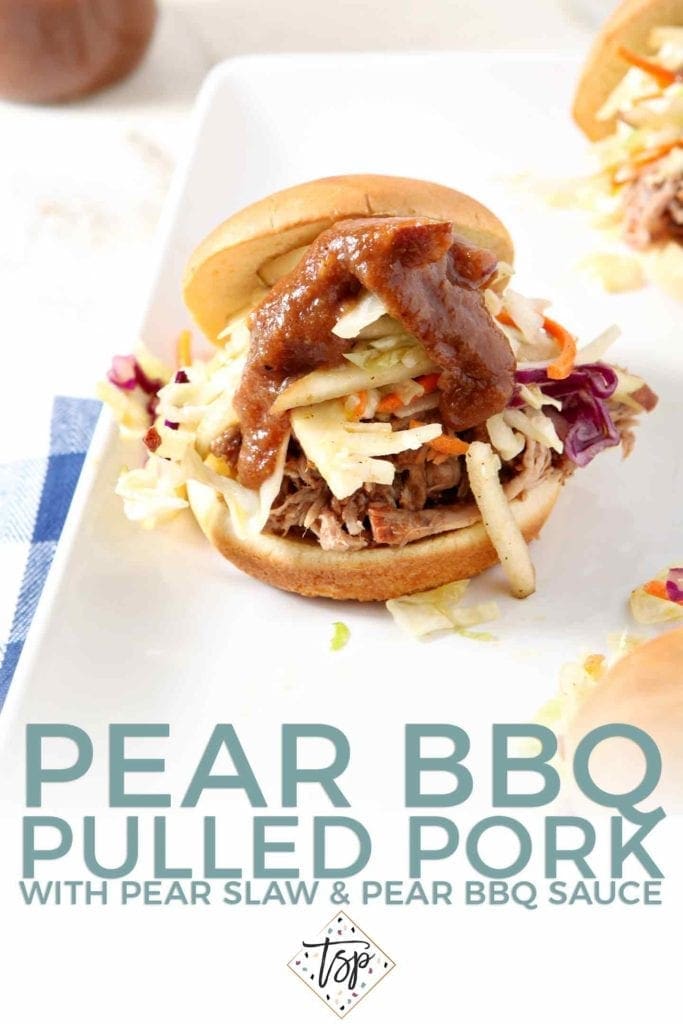 Pinterest graphic for Pear BBQ Pulled Pork, featuring a made sandwich