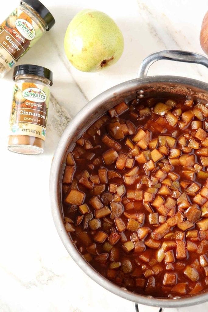 The cooked ingredients for Pear BBQ Sauce are shown in a pan before blending.