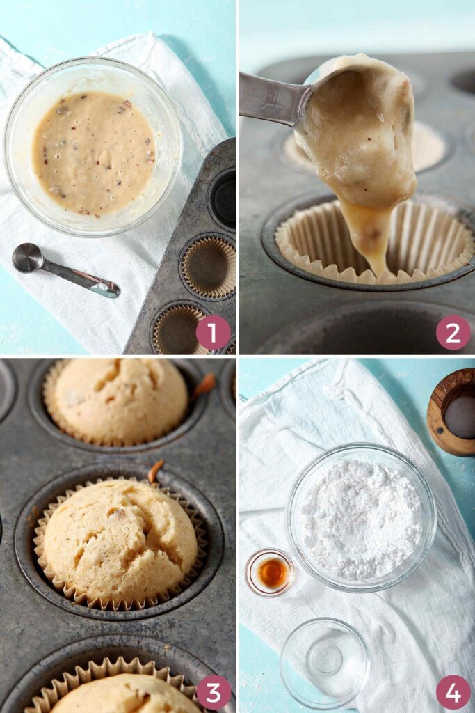 Collage showing how to make Bourbon Maple Bacon Cupcakes