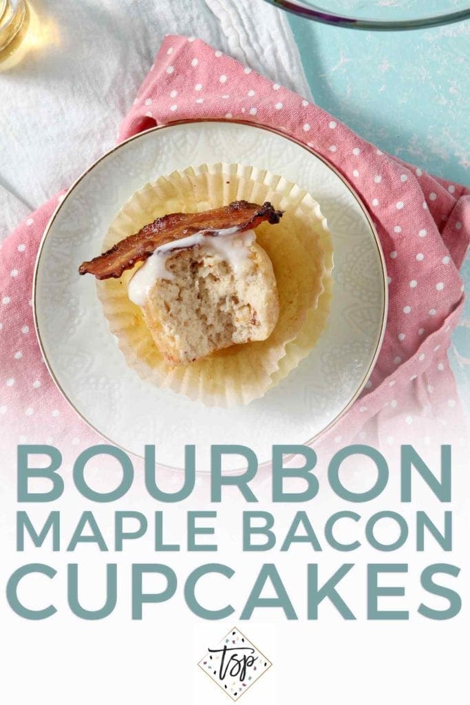 Pinterest graphic for Bourbon Maple Bacon Cupcakes, featuring a close up of a bitten-into cupcake and Pinterest text