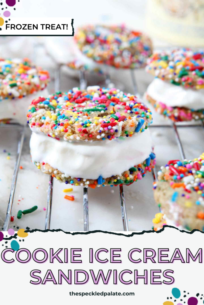 Several homemade Ice Cream Sandwiches sit on a wire rack before going into the freezer with the text cookie ice cream sandwiches