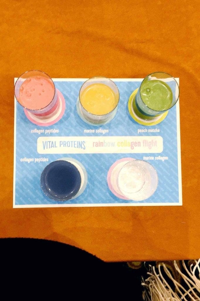 A flight of collagen drinks sits on a table at SproutsFest in Dallas