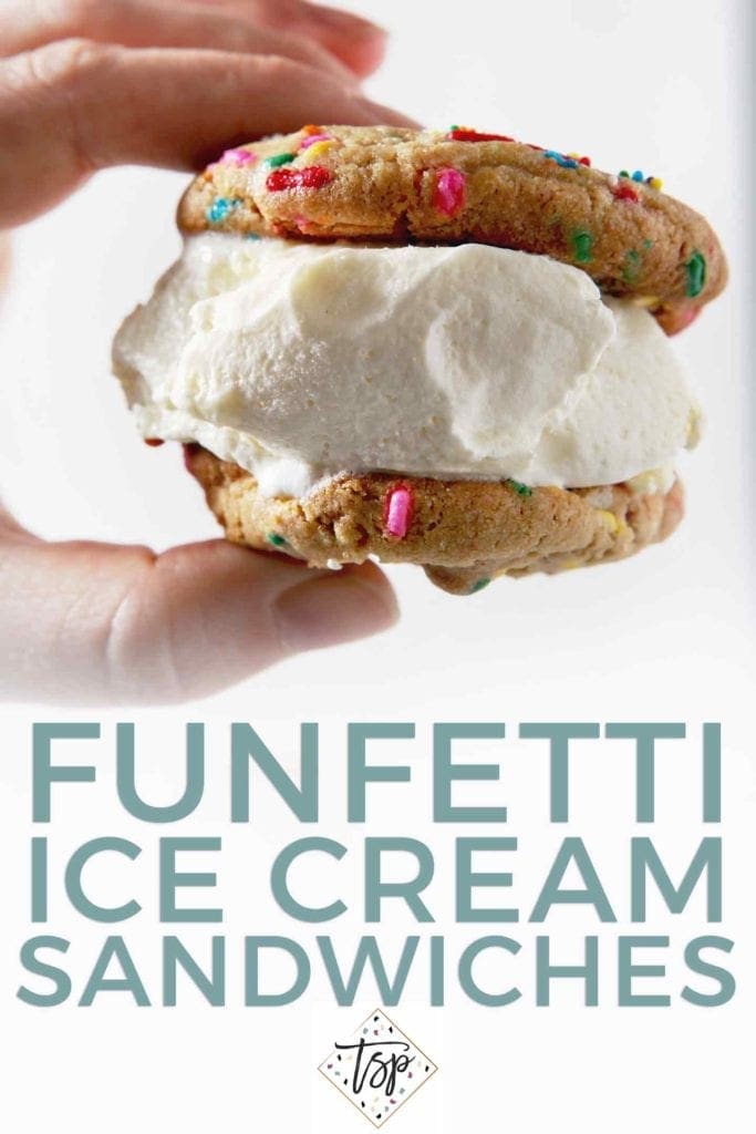 Pinterest image for Funfetti Ice Cream Sandwich, featuring a woman holding an ice cream sandwich and text