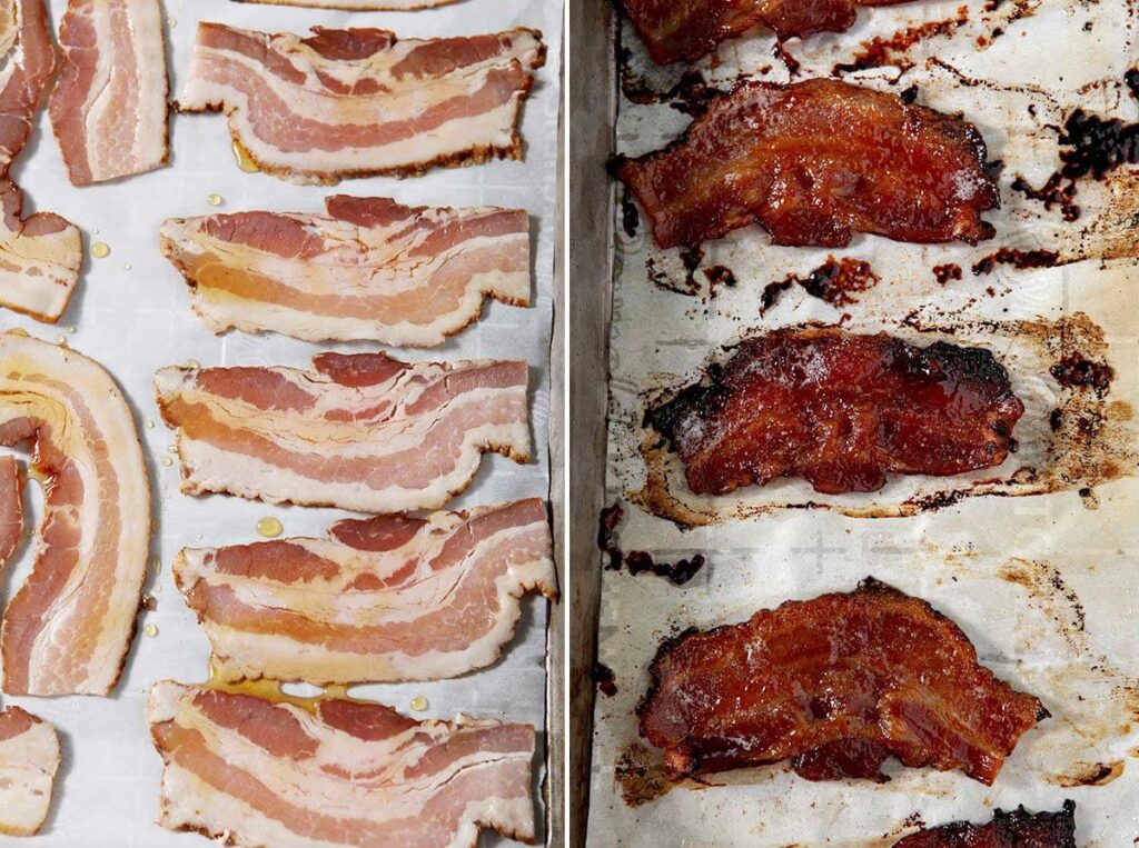 Collage showing maple bacon before and after baking