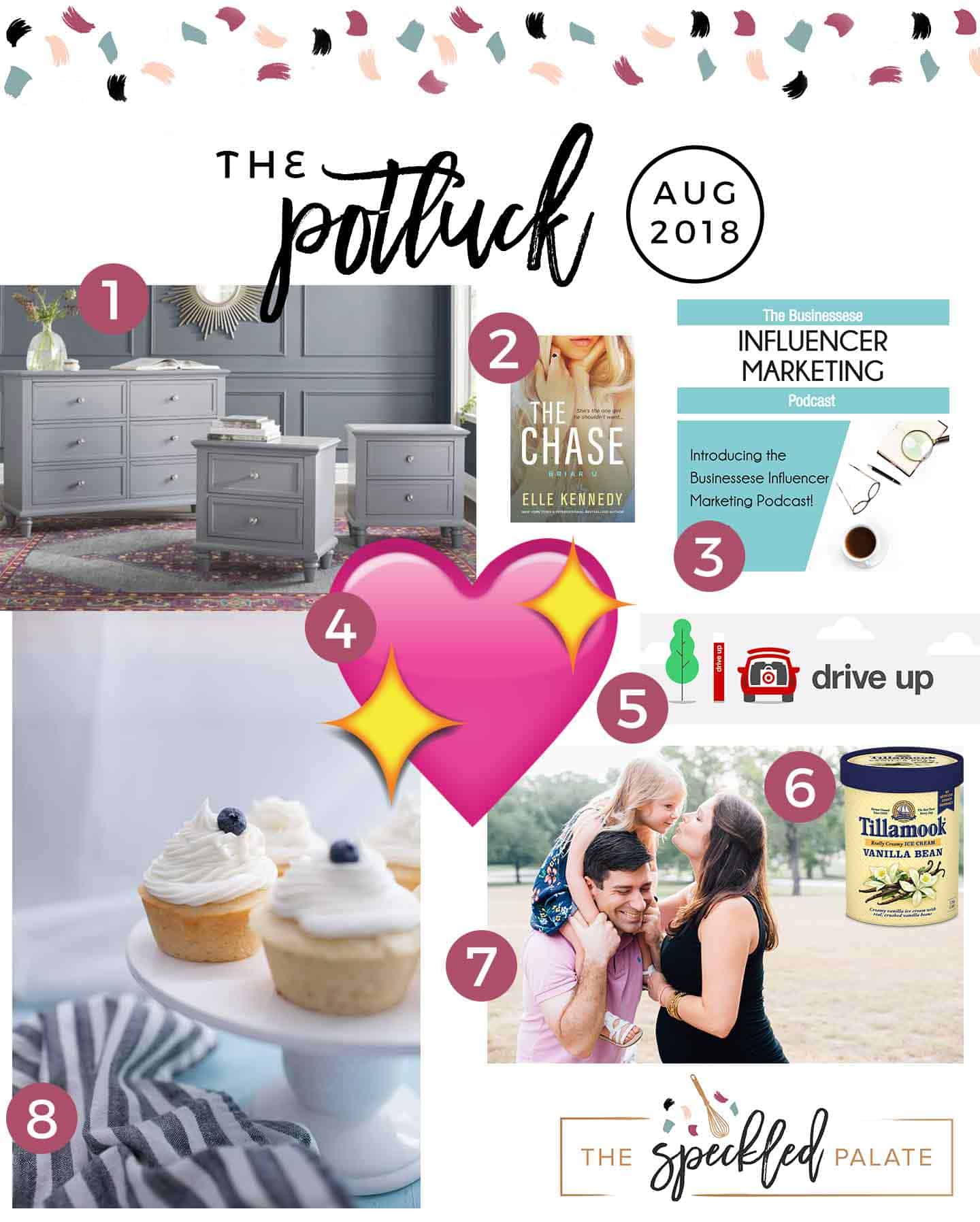Pinterest collage of The Potluck: August 2018, featuring all eight love list items