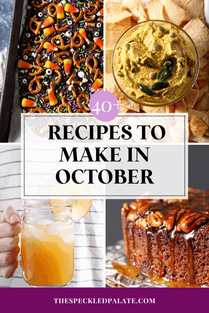 collage of 4 images showing halloween and pumpkin recipes with the text 40+ recipes to make in october
