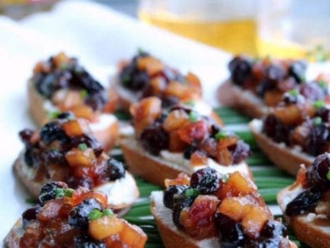 Close up of Apple Chutney Bruschetta, an easy fall appetizer to make for a crowd or an at-home date night