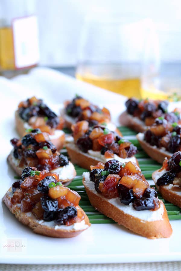 Close up of Apple Chutney Bruschetta, an easy fall appetizer to make for a crowd or an at-home date night