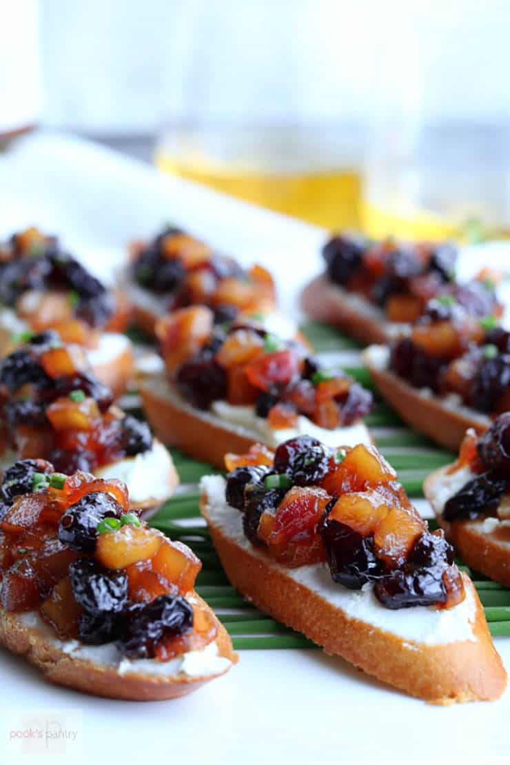 Close up of Apple Chutney Bruschetta, an easy fall appetizer to make for a crowd or an at-home date night