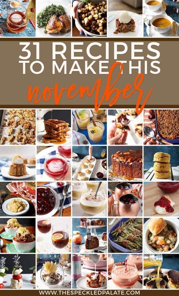 Pinterest collage for Square collage for Monthly Meal Plan: 30 Recipes to Make in November 2018, featuring all 30 recipes