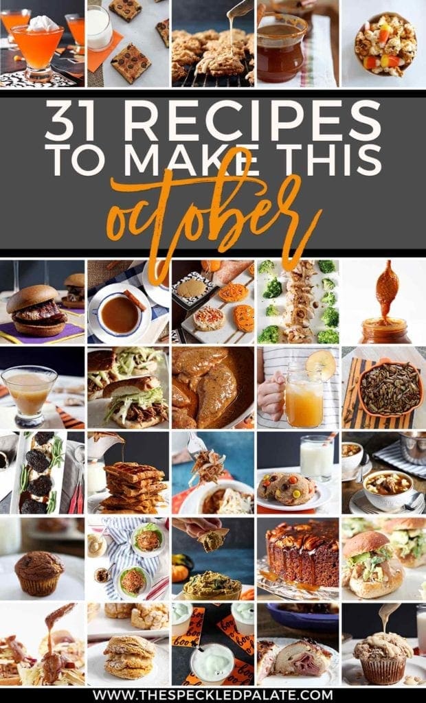 Pinterest graphic for Monthly Meal Plan: 31 Recipes to Make in October 2018, featuring 30 of the 31 total recipes