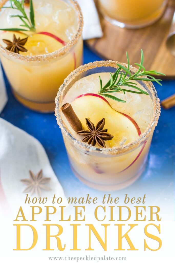 Three Apple Cider Margaritas sit on a blue background with the text 'how to make the best apple cider drinks'