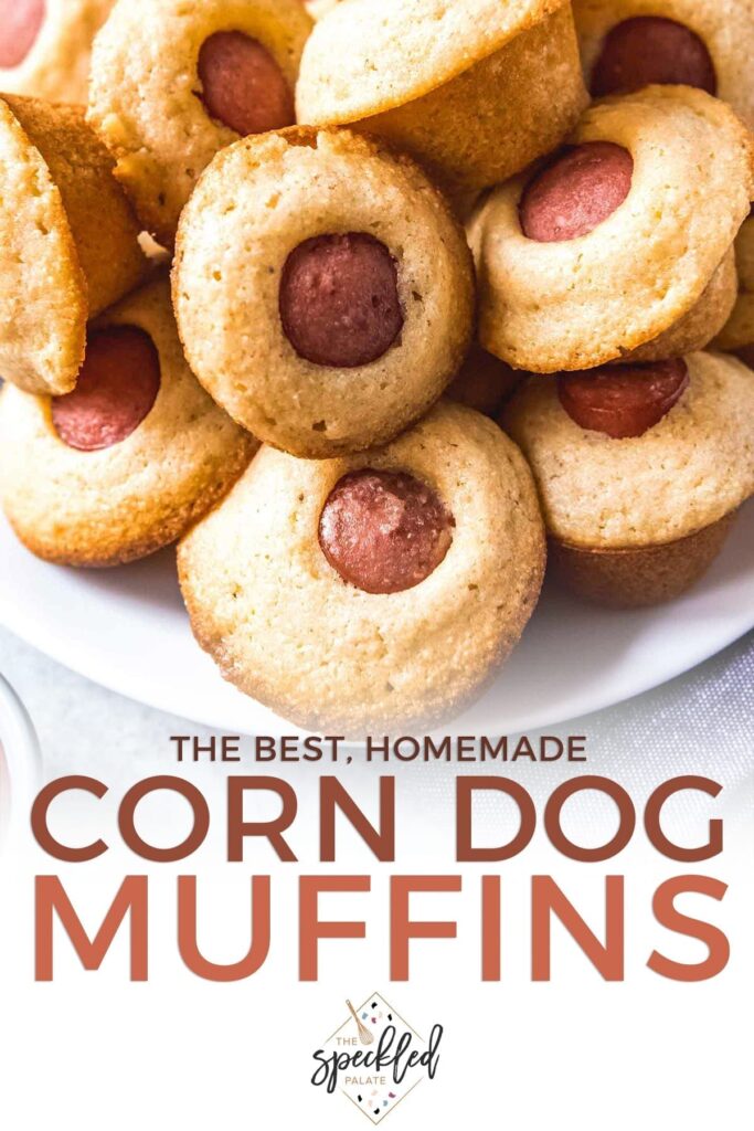 Close up of a plate of Mini Corn Dog Muffins with the text 'the best, homemade corn dog muffins'