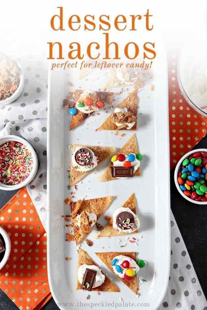 Overhead of platter of dessert nachos, with Pinterest text