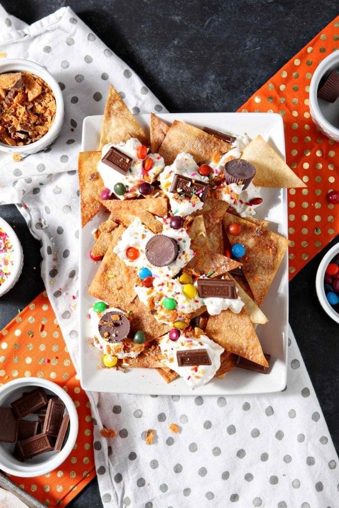 A platter of Halloween Dessert Nachos are shown from above