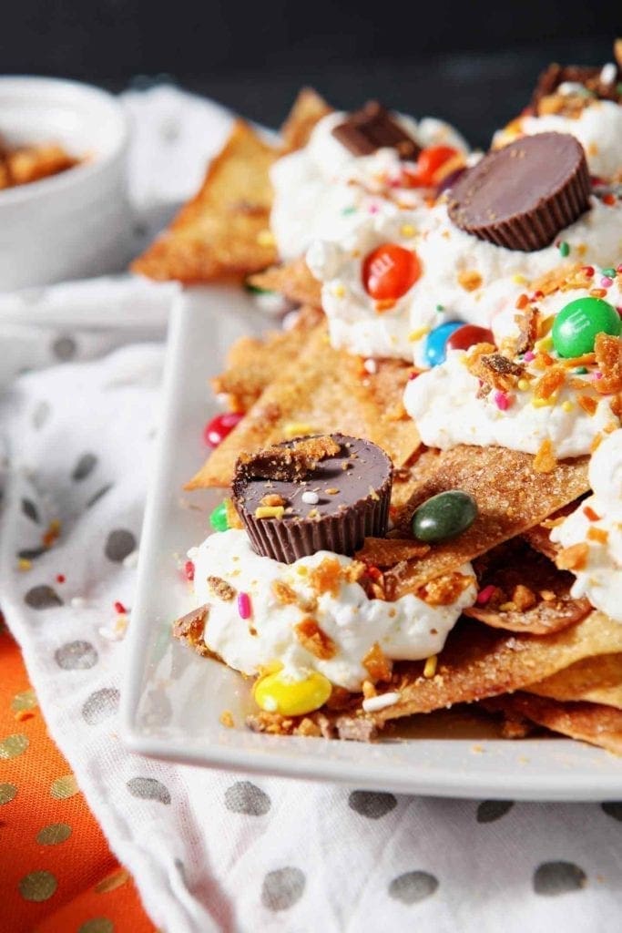 Close up of a platter of Dessert Nachos