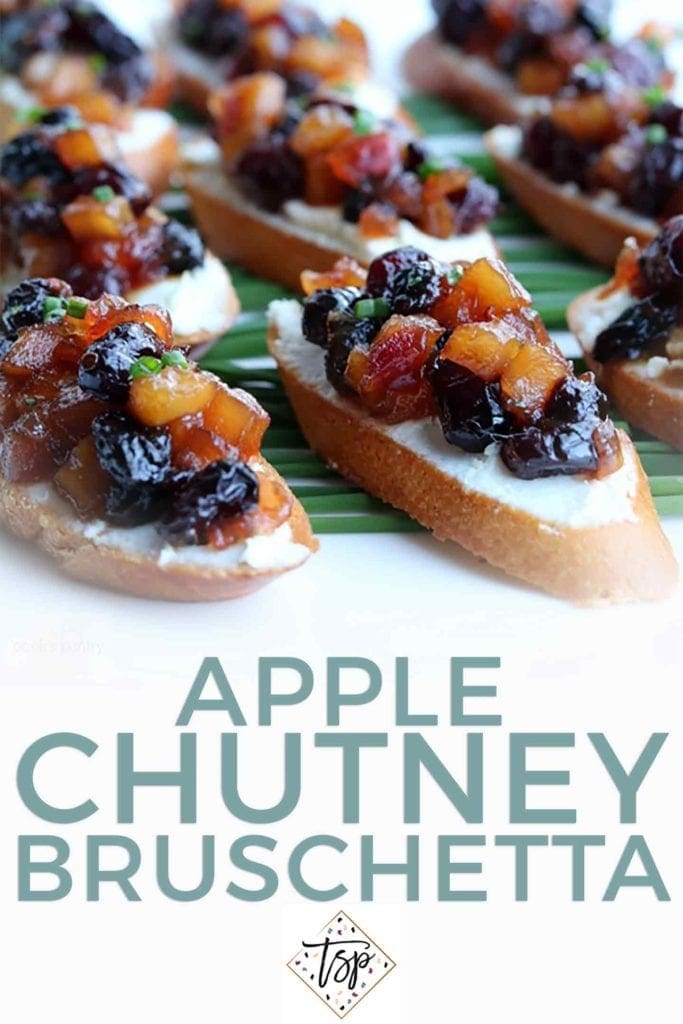 Pinterest graphic of Apple Chutney Bruschetta, featuring a close up of the final bruschetta and text