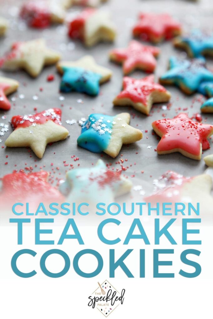 Patriotic tea cake cookies shaped as stars, with Pinterest text