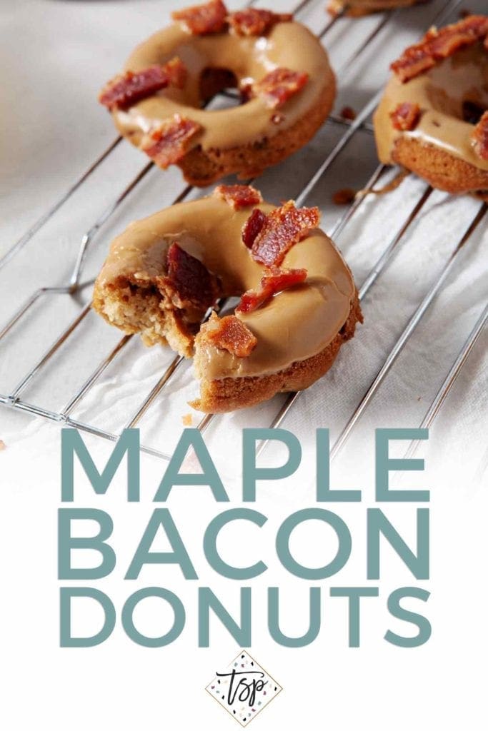 Pinterest image for Baked Maple Bacon Donuts, showing donuts on a cooling rack and text