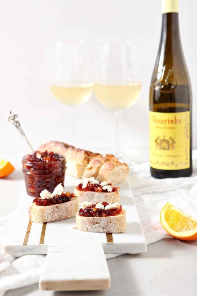 Orange Cranberry Compote is served on toasted bread to create a sweet-savory Thanksgiving bruschetta and is served with Vinho Verde wines