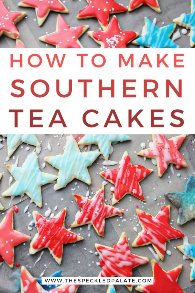 Patriotic tea cake cookies shaped as stars, with Pinterest text