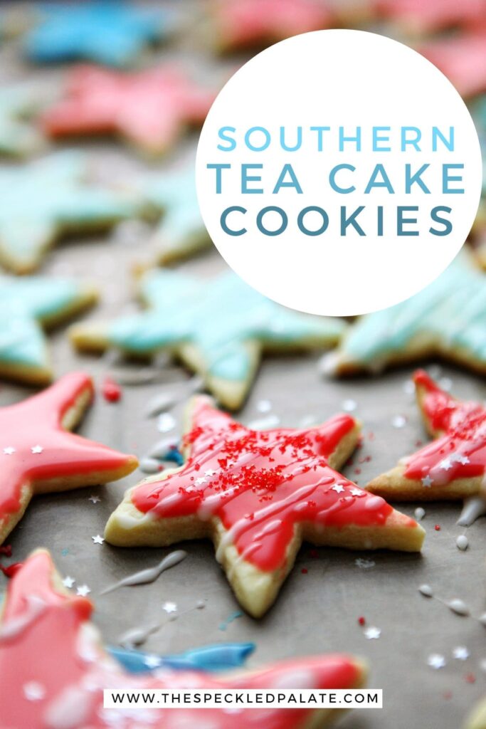 Close up of star-shaped tea cake cookies, with Pinterest text