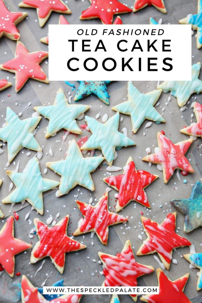 Overhead of star tea cake cookies, with Pinterest text